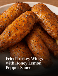Crispy fried turkey wings coated in honey lemon pepper sauce, garnished with fresh lemon zest and parsley on a serving plate.