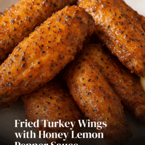 Crispy fried turkey wings coated in honey lemon pepper sauce, garnished with fresh lemon zest and parsley on a serving plate.