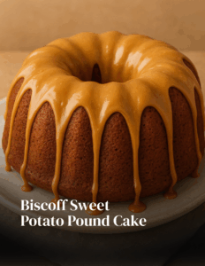 Moist Biscoff sweet potato pound cake on a plate, drizzled with glaze and topped with crushed Biscoff cookies.