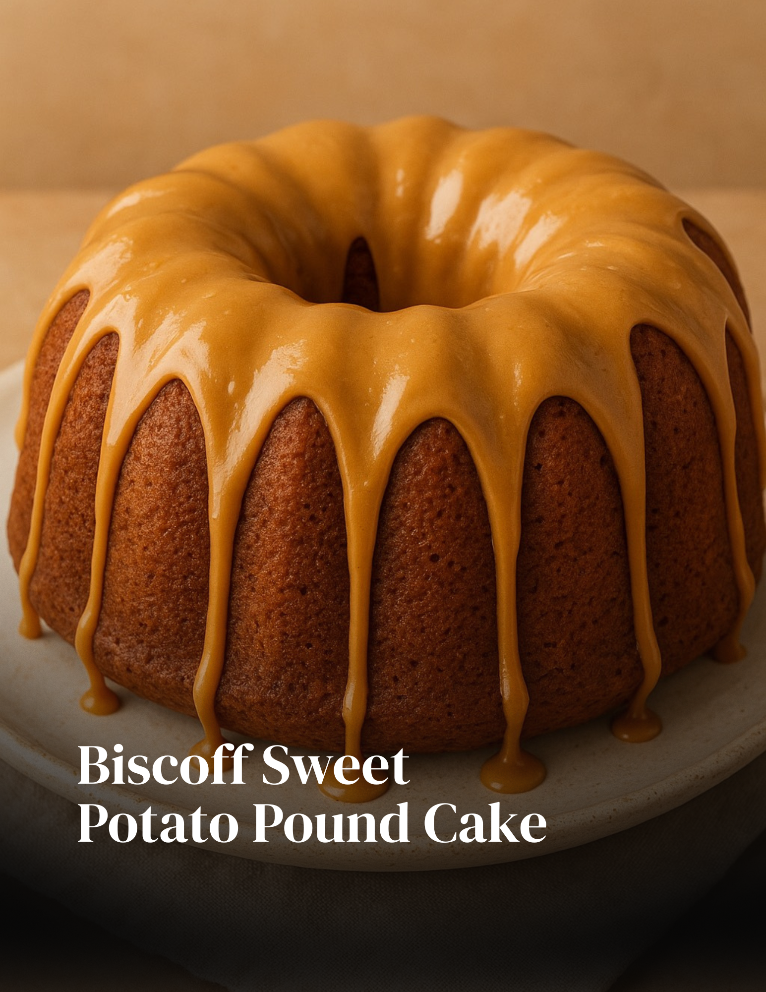 Moist Biscoff sweet potato pound cake on a plate, drizzled with glaze and topped with crushed Biscoff cookies.